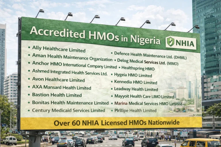 Accredited HMOs in Nigeria billboard showing verified NHIA approved list for 2026